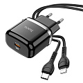 Сетевое зарядное устройство, 1 PD 20W + 1 USB 3.0 QC (N24), HOCO, Type-C to Lightning, черный