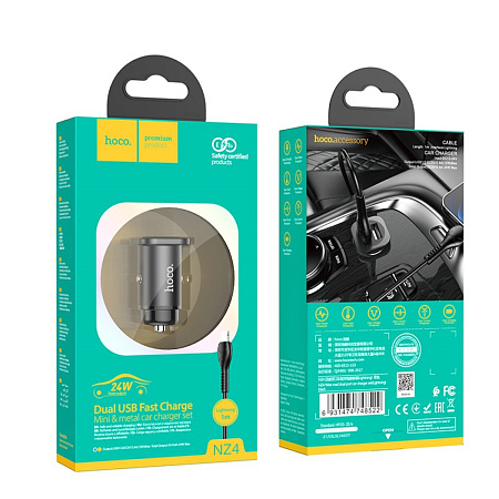 Автомобильное зарядное устройство, 2 USB 2.4A (NZ4), usb cable lightning, HOCO, черный