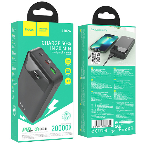 Универсальный Доп. Аккумулятор 20000mAh, J102A, HOCO, выход: 1 USB (18W)+1 PD 20W, черный