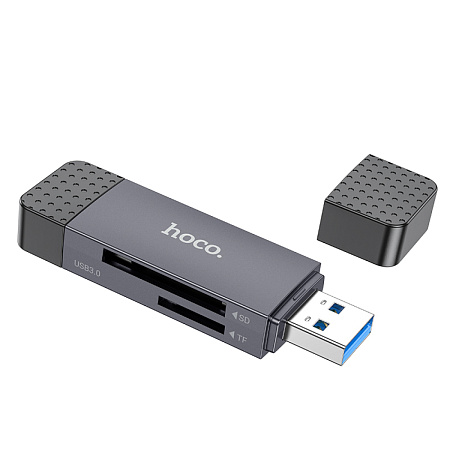 Картридер 2 в 1, USB/Type-C 3.0, HB45, HOCO, поддержка TF/SD карт, серый