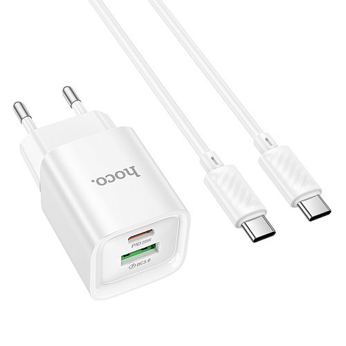 Сетевое зарядное устройство, 1 PD 20W + 1 USB 3.0 QC (C147A), HOCO, Type-C to Type-C, мини, белый