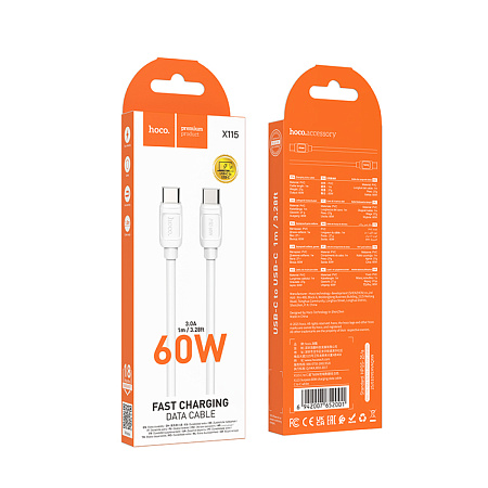 Кабель Type-C на Type-C, HOCO, X115, 1 метр, 60W, цвет белый