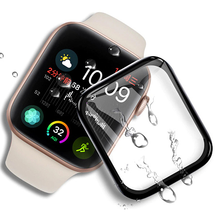 Защитное стекло на Apple Watch, 44mm, полный клей, прозрачное с черной рамкой