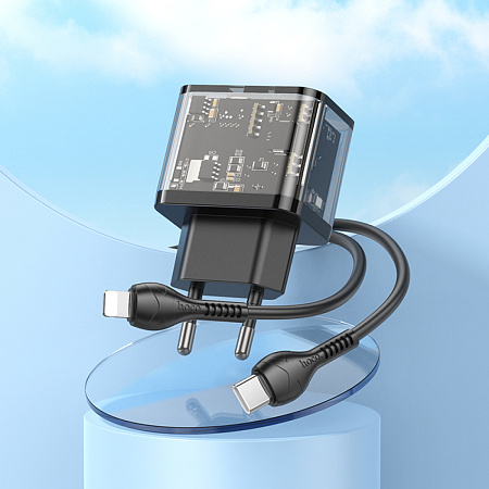 Сетевое зарядное устройство, 1 PD 20W + 1 USB 3.0 QC (N34), HOCO, Type-C to Lightning, прозрачный черный