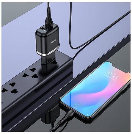 Сетевое зарядное устройство, 2 USB 2.4A 12W (N4), HOCO, Lightning, Умная зарядка, черный