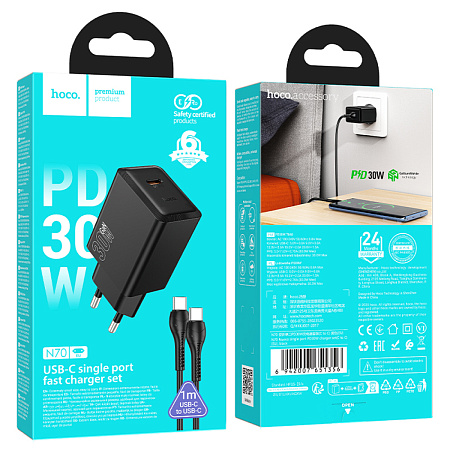 Сетевое зарядное устройство, 1 PD 30W  (N70), HOCO, Type-C to Type-C, черный