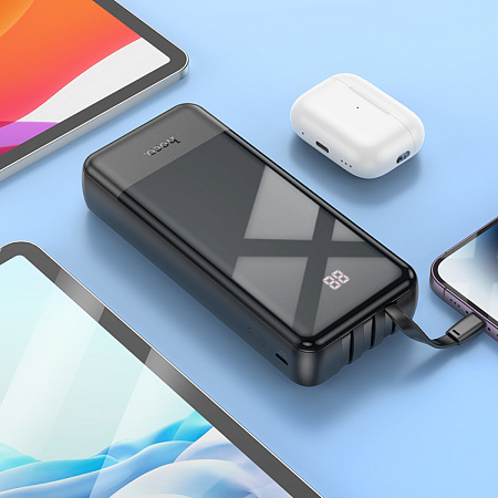 Универсальный Доп. Аккумулятор 20000mAh, J114A, HOCO, 1 USB (5V/2.0A), кабель Lightning/Type-C/Micro, черный