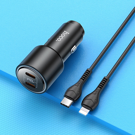 Автомобильное зарядное устройство, 2 PD QC3.0 40W (NZ3), HOCO, кабель Type-C to Lightning, черный