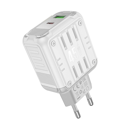 Сетевое зарядное устройство, 1 PD 45W + 1 USB 3.0 QC (C136A), HOCO, белый