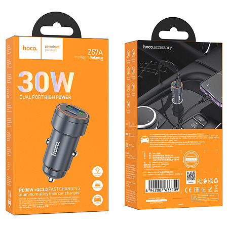 Автомобильное зарядное устройство, 1 USB QC3.0 18W, 1 PD 30W (Z57A), HOCO, серый
