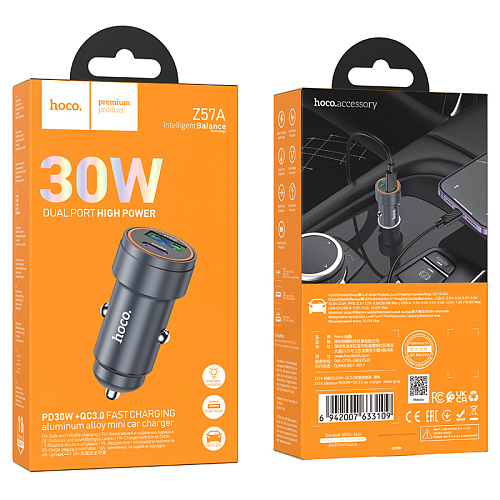 Автомобильное зарядное устройство, 1 USB QC3.0 18W, 1 PD 30W (Z57A), HOCO, серый