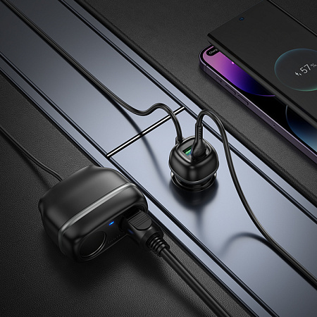 Разветвитель прикуривателя на 1 USB QC3.0 18W + 1 PD 30W + 2 прикуривателя на проводе Z59, черный
