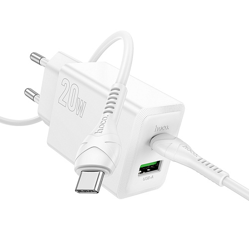 Сетевое зарядное устройство, 1 PD 20W + 1 USB 3.0 QC (N69), HOCO, Type-C to Type-C, белый