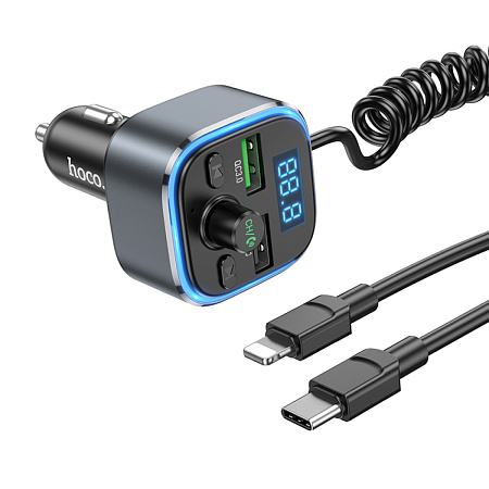 Bluetooth FM модулятор, E74, HOCO, с кабелем Type-C и Lightning, серый