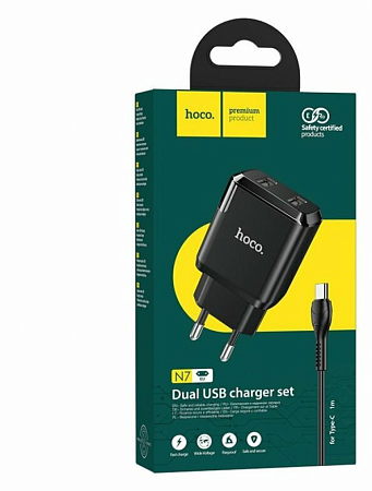 Сетевое зарядное устройство, 2 USB 2.1A 10.5W (N7), HOCO, Type-C, Умная зарядка, черный