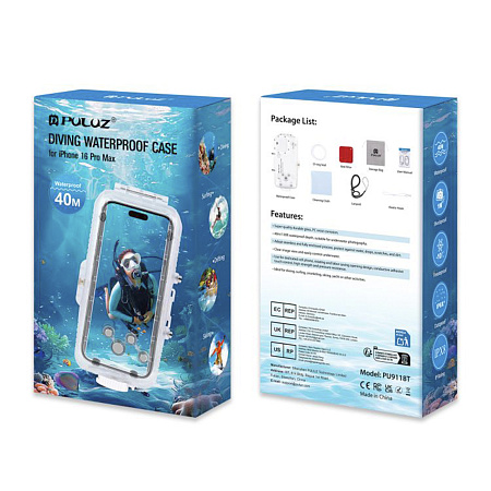 Чехол для дайвинга для IPhone 16 Pro Max, 40 м погружение, вакуумный, PULUZ
