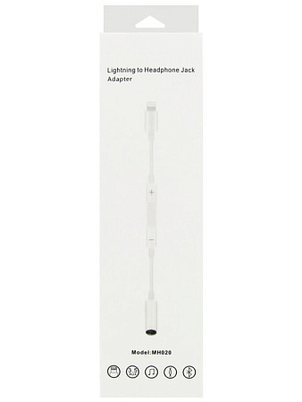 Переходник Lightning to наушники Jack, без bluetooth, музыка+кнопки регулировки громкости, белый