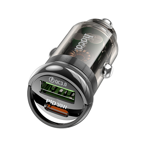Автомобильное зарядное устройство, 1 USB 18W+1 PD 30W (Z53A), HOCO, черный с прозрачным