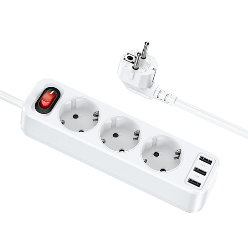 Сетевой фильтр на 3 розетки+3 USB, 1.8м, NS2, HOCO, белый