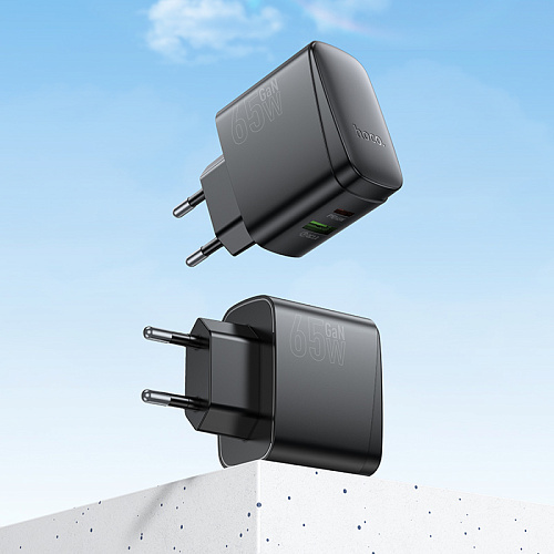 Сетевое зарядное устройство, 1 PD 65W + 1 USB 18W (CS63A), HOCO, Type-C to Type-C, черный