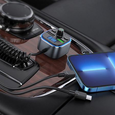Bluetooth FM модулятор, E74, HOCO, с кабелем Type-C и Lightning, серый
