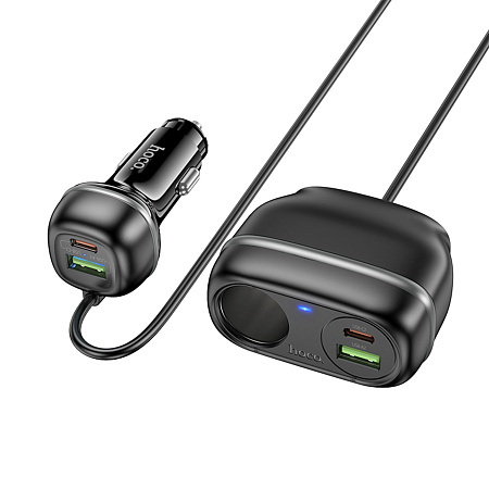 Разветвитель прикуривателя на 2 USB QC3.0 18W + 2 PD 30W + 1 прикуриватель на проводе Z59A, черный