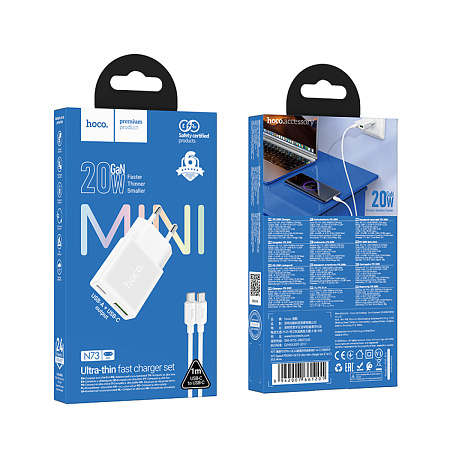 Сетевое зарядное устройство, 1 PD 20W + 1 USB 3.0 QC (N73), HOCO, Type-C to Type-C, белый