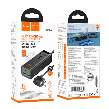 Сетевой фильтр на 1 розетка+2 USB+1 PD, 1.5м, AC9A, HOCO, черный