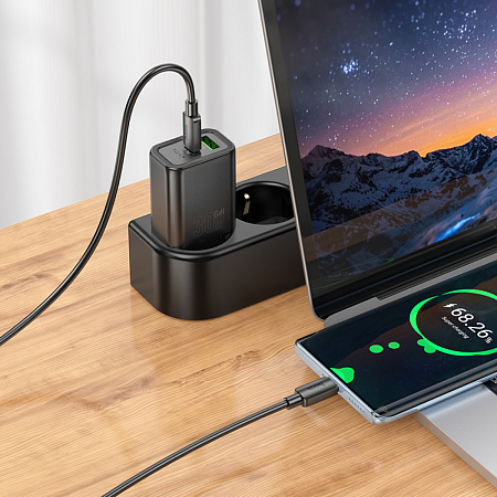 Сетевое зарядное устройство, 1 USB 3.0 QC+1 PD 30W (N63), HOCO, Type-C to Type-C, черный