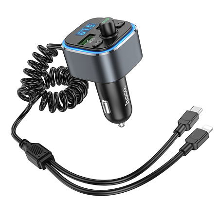 Bluetooth FM модулятор, E74, HOCO, с кабелем Type-C и Lightning, серый