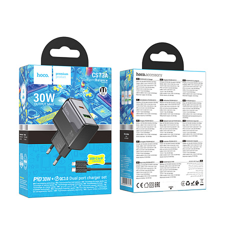 Сетевое зарядное устройство, 1 PD 30W + 1 USB 3.0 QC (CS73A), HOCO, Type-C to Lightning, черный
