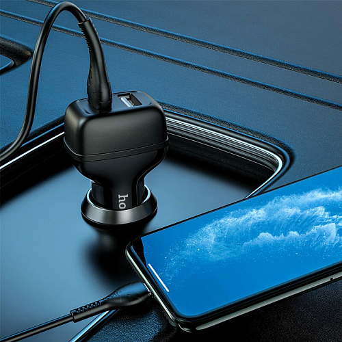 Автомобильное зарядное устройство, 2 USB 2.4A (Z36), usb cable lightning, HOCO, черный