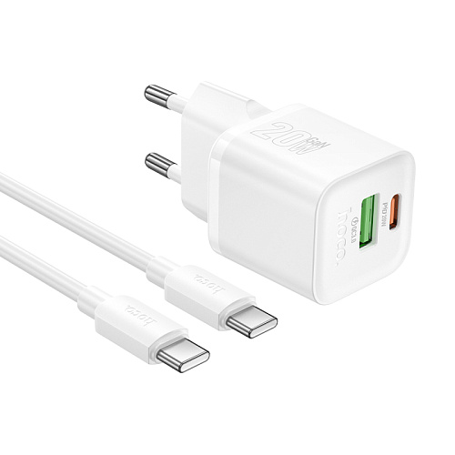 Сетевое зарядное устройство, 1 PD 20W + 1 USB 3.0 QC (N65), HOCO, Type-C to Type-C, белый