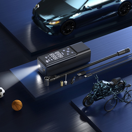 Автомобильный насос ZP7, HOCO, с аккумулятором (5000mAh, 2 колеса 205/55/R16 0-2.5Bar) и дисплеем, черный