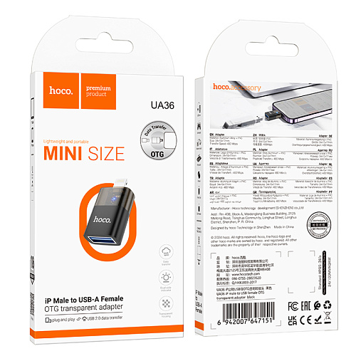 Переходник OTG Lightning, Lightning (папа) на USB (мама), UA36, HOCO, черный