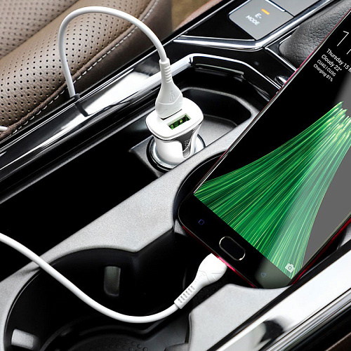Автомобильное зарядное устройство, 2 USB 3.4A 18W QC3.0 (Z31), usb cable Micro, HOCO, белый