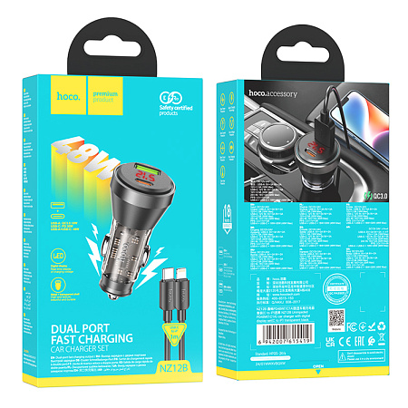 Автомобильное зарядное устройство, 1 USB QC3.0 18W, 1 PD 30W (NZ12B), HOCO, Type-С to Lightning, черный с прозрачным