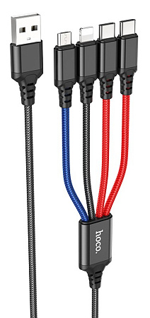 USB дата кабель Lightning+Micro+Type-C+Type-C, X76, HOCO, черный, красный, синий