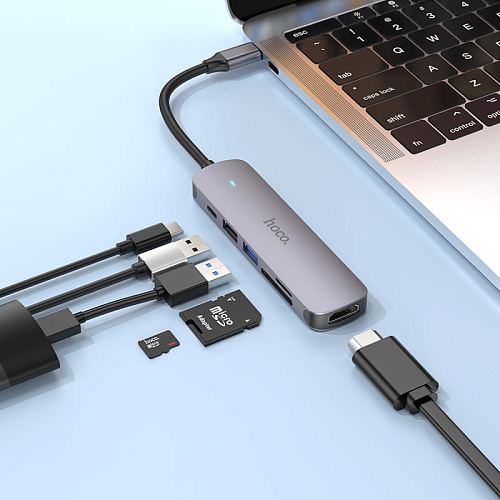 USB Хаб (HB28) c 1 Type-C на 1 USB 3.0 + 1 USB 2.0+1 USB-C+HDMI+MicroSD+SD, HOCO, металлический серый
