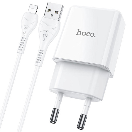 Сетевое зарядное устройство, 1 USB 2.1A (N9), HOCO, Lightning, Fast Charge, Безопасный сертификат, белый