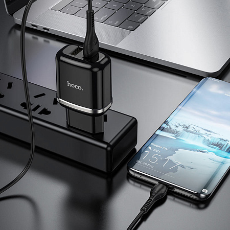 Сетевое зарядное устройство, 2 USB 2.4A 12W (N4), HOCO, Type-C, Умная зарядка, черный