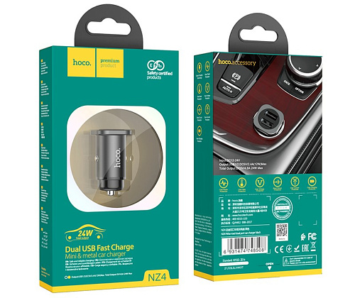 Автомобильное зарядное устройство, 2 USB 2.4A (NZ4), HOCO, черный