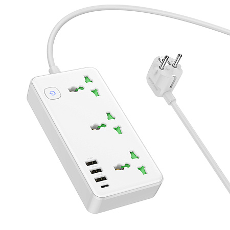 Сетевой фильтр на 3 розетки, 3 USB,  1 PD, 1.5м, AC7A, HOCO, белый