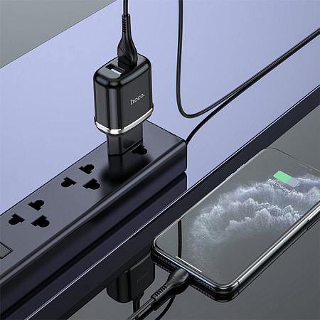 Сетевое зарядное устройство, 2 USB 2.4A 12W (N4), HOCO, Lightning, Умная зарядка, черный