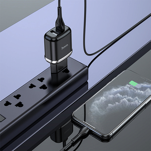 Сетевое зарядное устройство, 2 USB 2.4A 12W (N4), HOCO, Lightning, Умная зарядка, черный