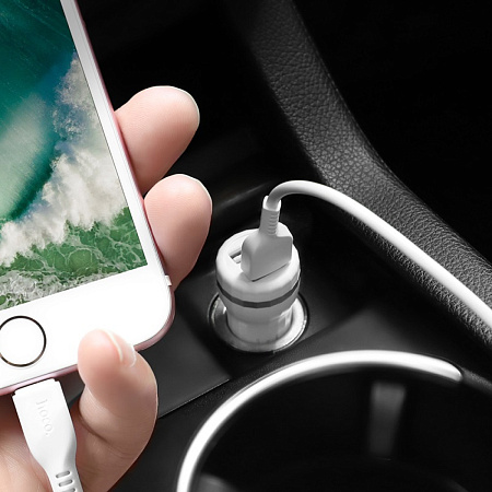 Автомобильное зарядное устройство, 2 USB 2.4A (Z27), usb cable lightning, HOCO, белый