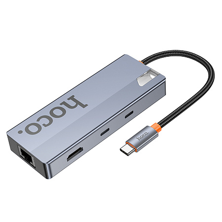 USB Хаб (HB52) с 1 Type-C на HDTV+RJ45+SD/TF+PD+Type-C 3.0+2 USB 3.0, HOCO, серый