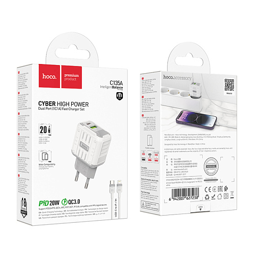 Сетевое зарядное устройство, 1 PD 20W + 1 USB 3.0 QC (C135A), HOCO, Type-C to Lightning, белый