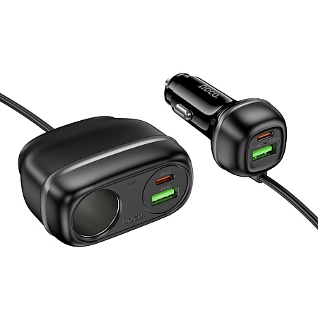 Разветвитель прикуривателя на 2 USB QC3.0 18W + 2 PD 30W + 1 прикуриватель на проводе Z59A, черный