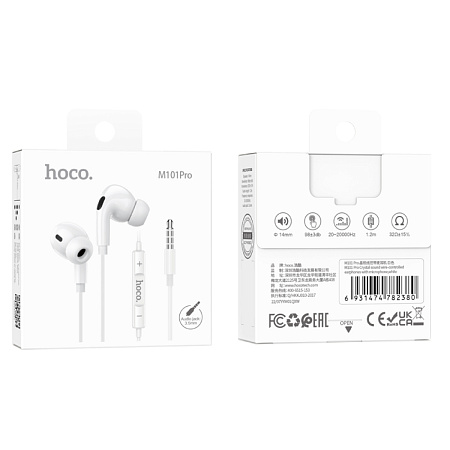 Проводные наушники M101 Pro, Crystal joy wire-controlled, HOCO, вакуумные с микрофоном, белые
